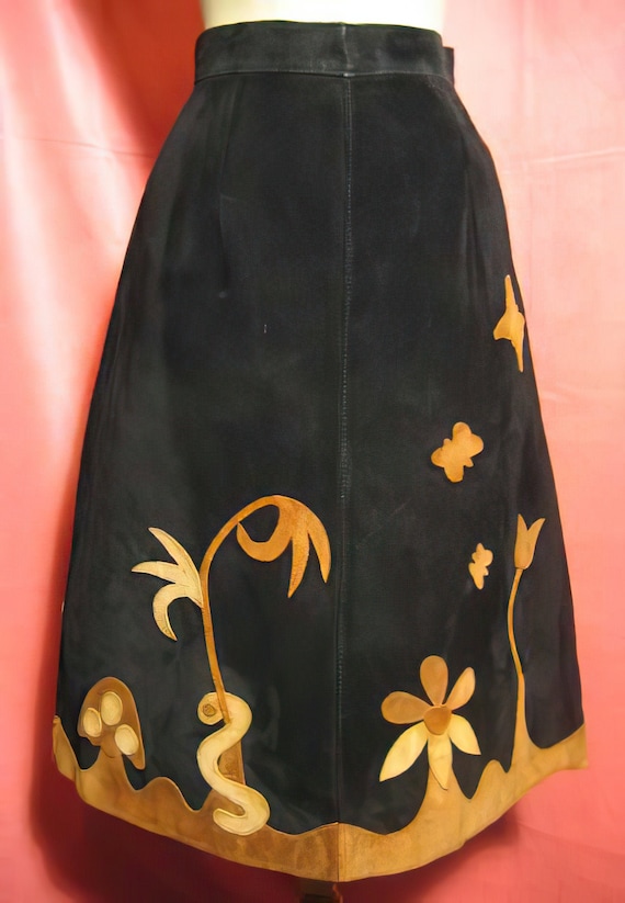 1960s Hippie Leather Skirt Appliqued Boho