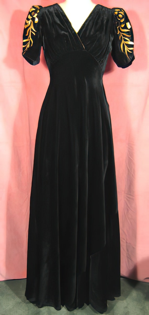 1930s Black Velvet and Gold Leather Gown / Dress