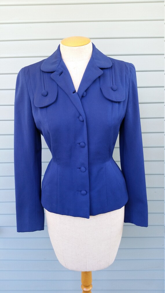 Vintage 1940s Jacket in Blue Wool Gabardine