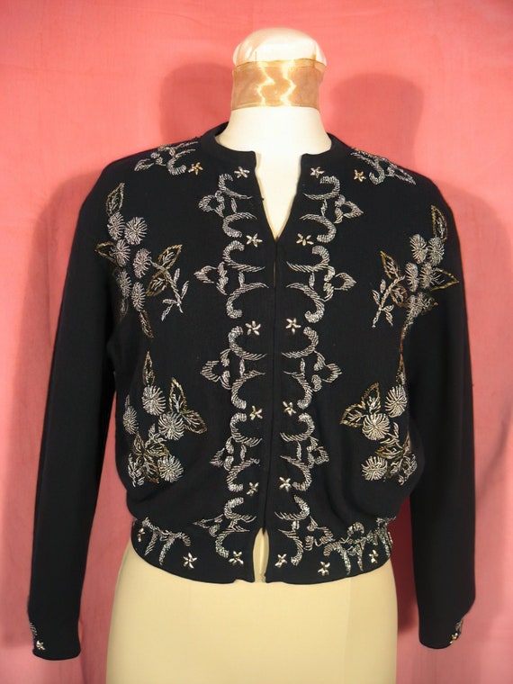 50s Beaded Sweater Black Hillcrest - image 1