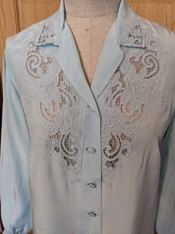 70s Chinese Silk Embroidered Blouse Ice Blue - image 3