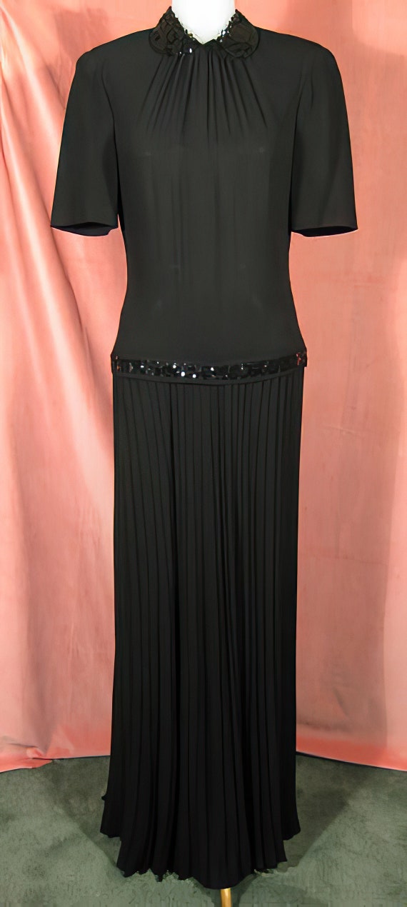 1940s Black Crepe Evening Dress Gown Sequins Pleat