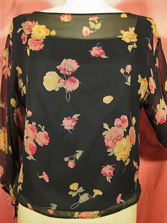 70s Silk Chiffon Blouse with Roses Print - image 2