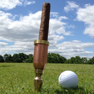 Unique Personalized Brass Cigar Holder for the golf course. Heavy duty Copper and Brass. Great for Cigar or Golf Gift.