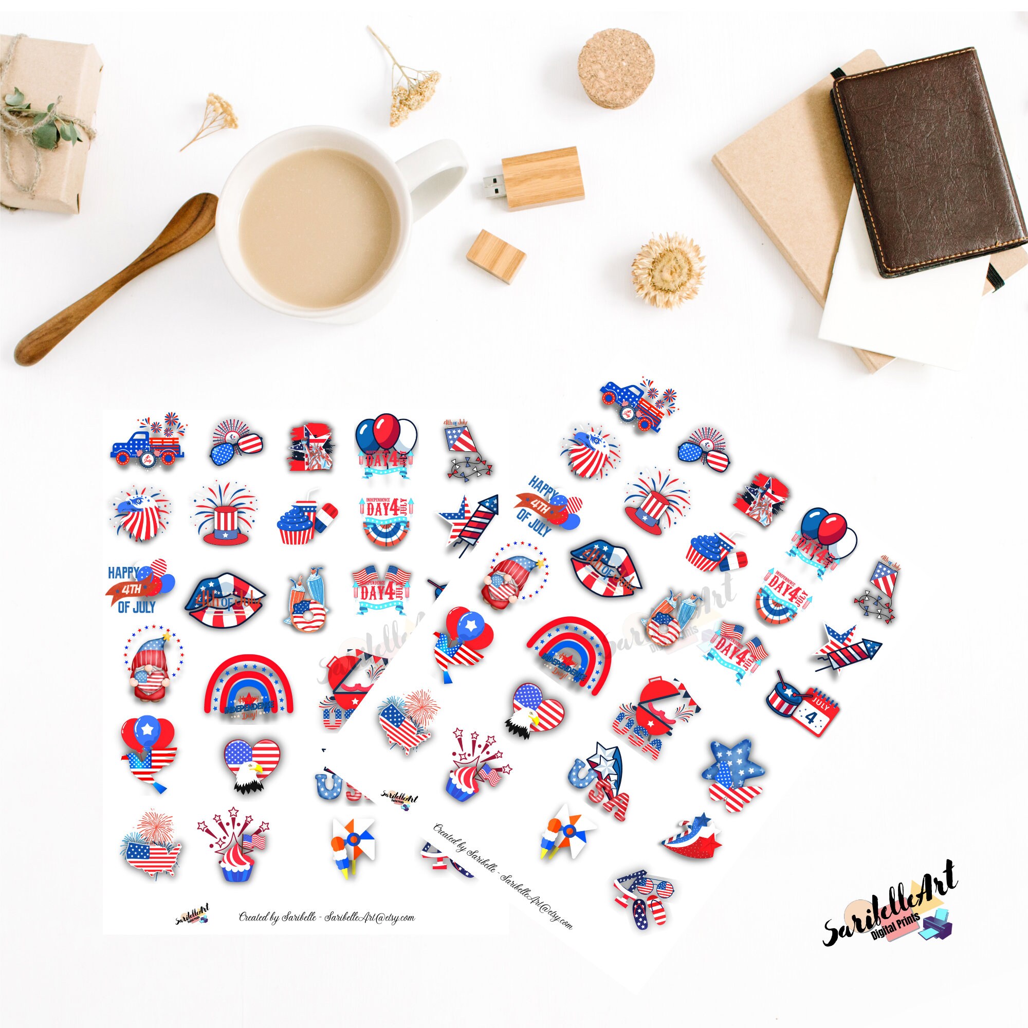 4th of July Printable Stickers, Printable Sticker Sheet, Print and Cut ...
