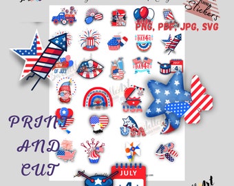 4th of July Printable Stickers, Printable Sticker Sheet, Print and Cut Stickers, Digital Download