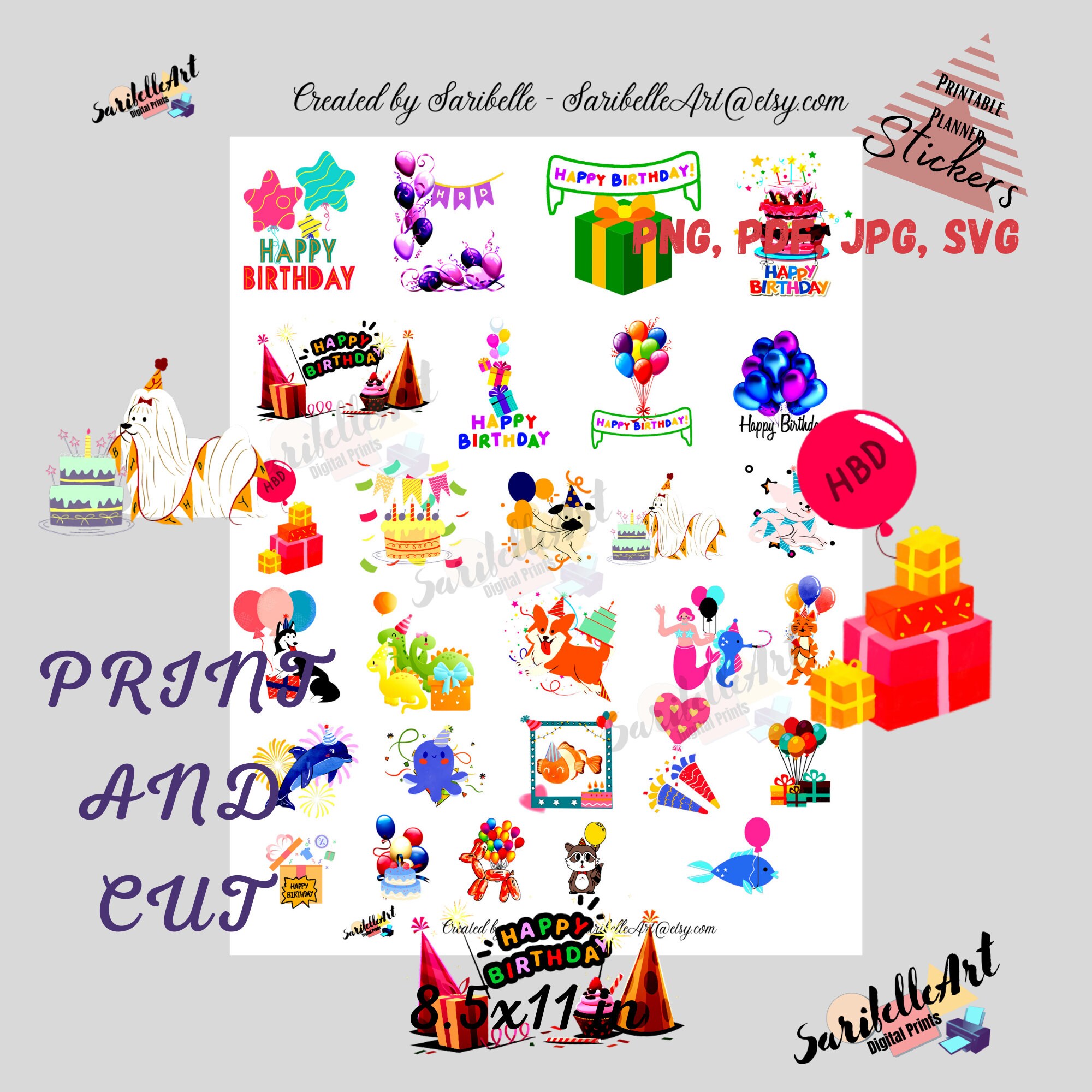 Birthday Printable Stickers, Printable Sticker Sheet, Print and Cut ...