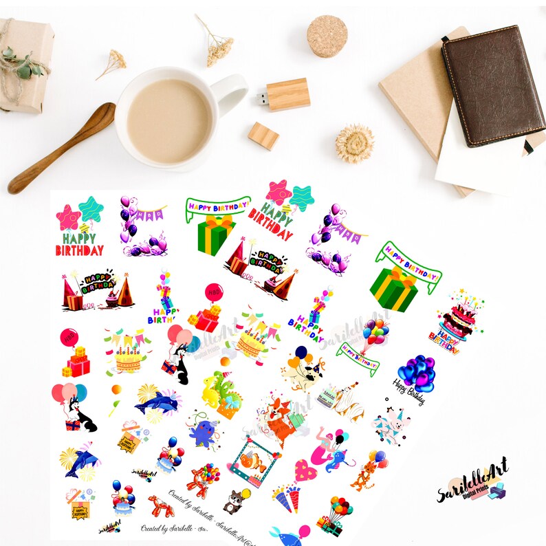 Birthday Printable Stickers, Printable Sticker Sheet, Print and Cut ...
