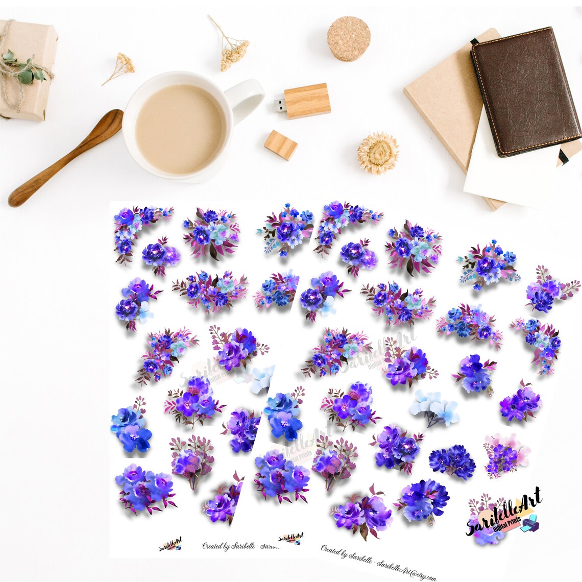 Blue Flowers Printable Stickers Printable Sticker Sheet Etsy