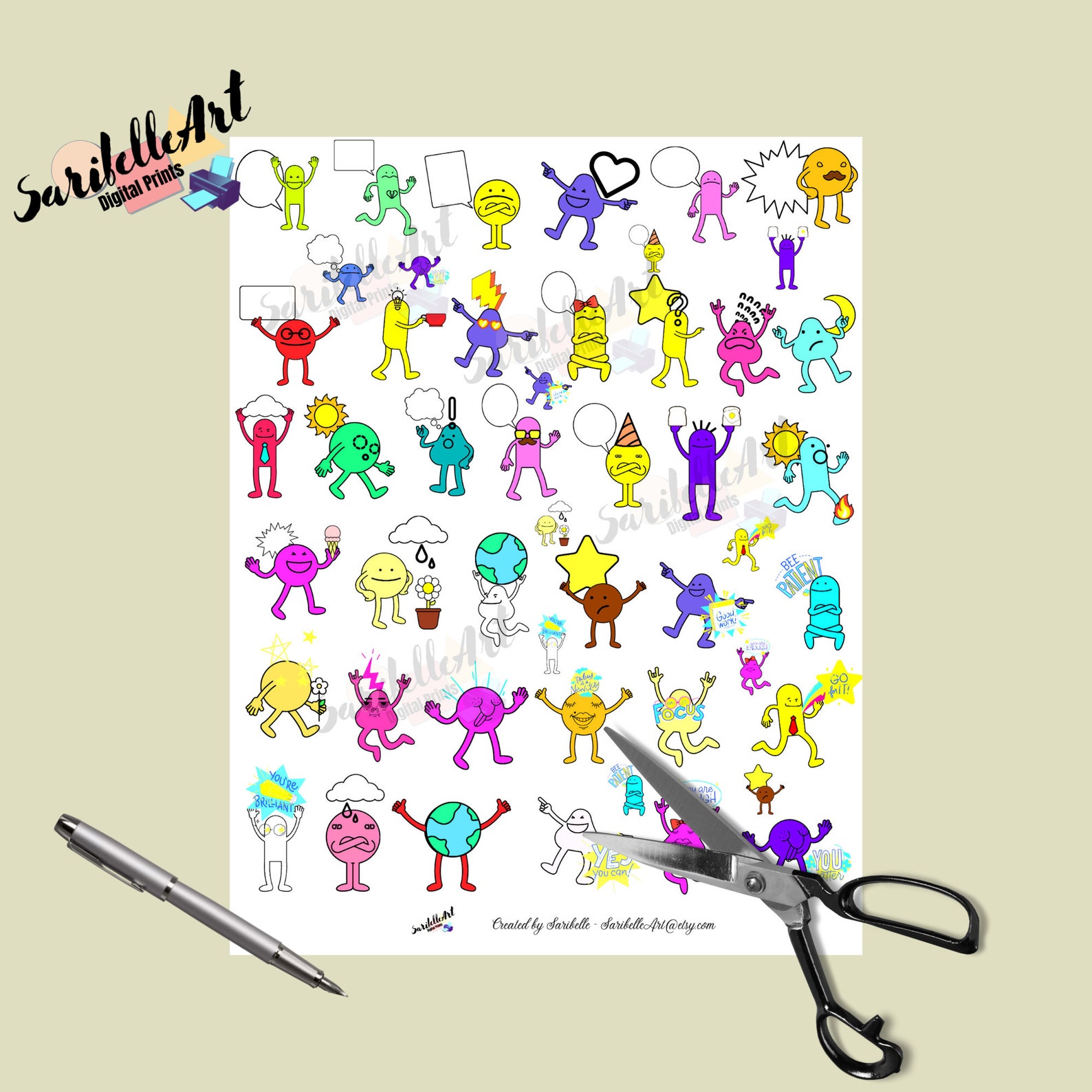 Emoji Printable Stickers, Printable Sticker Sheet, Print and Cut ...