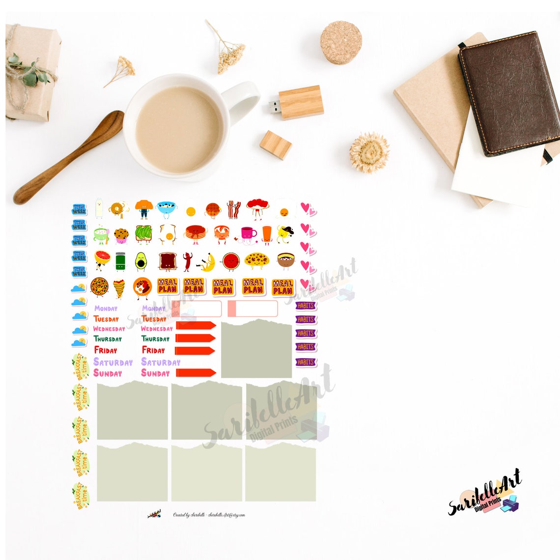 Happy Breakfast Printable Stickers, Printable Sticker Sheet, Print and ...