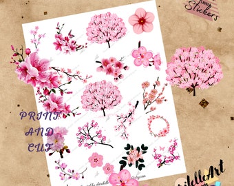 Cherry Blossom, Printable Stickers, Daily Journal Stickers