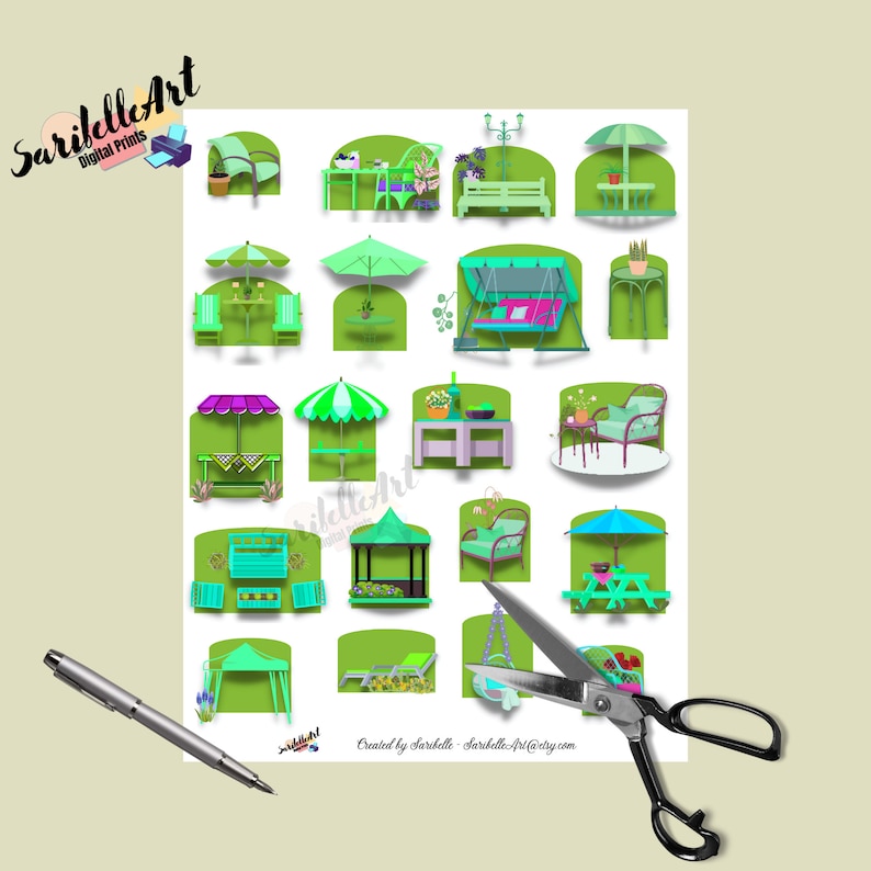 Patio Furnitures Printable Stickers, Printable Sticker Sheet, Print and