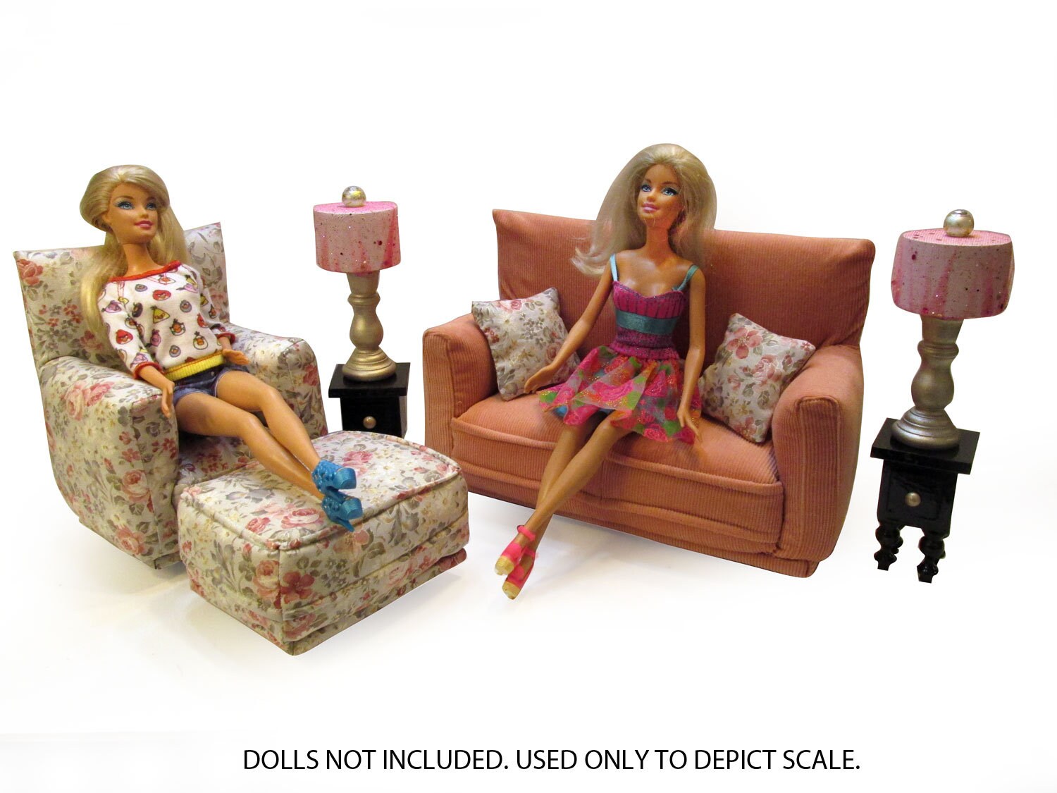 Barbie Doll Living Room Furniture 9-PC Play Set-1:6 scale-Pink with Gray/Pink/White flower print