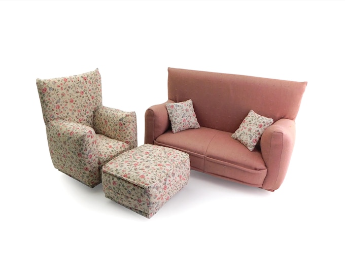 Handmade Dollhouse and Miniature Furniture Set • Mauve Pink with Floral Print Chair • Sofa, Chair, Ottoman, 2 Pillows • 1:6 Scale