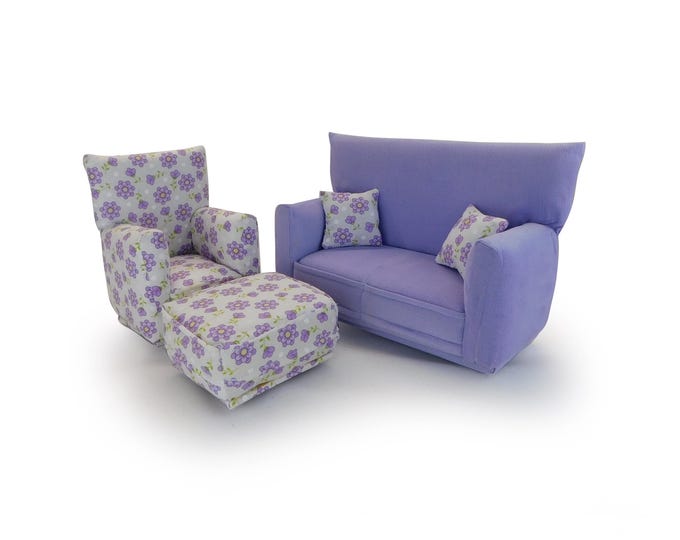Fashion Doll Living Room Furniture 5-PC Play Set-1:6 scale-Lavender with White Purple flower print-works w/Blythe any 11 inch fashion doll