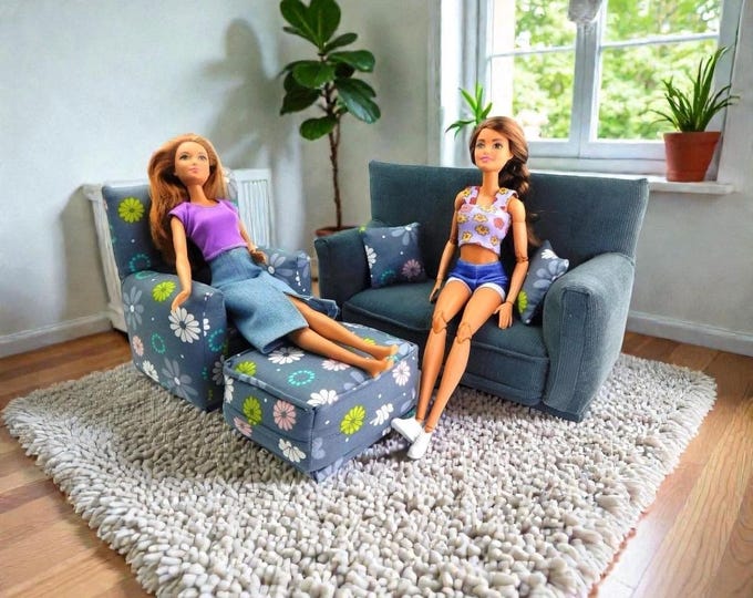 Handmade Dollhouse and Miniature Furniture Set • Charcoal Gray Sofa w/Large Floral Print Chair • Sofa, Chair, Ottoman, 2 Pillows • 1:6 Scale