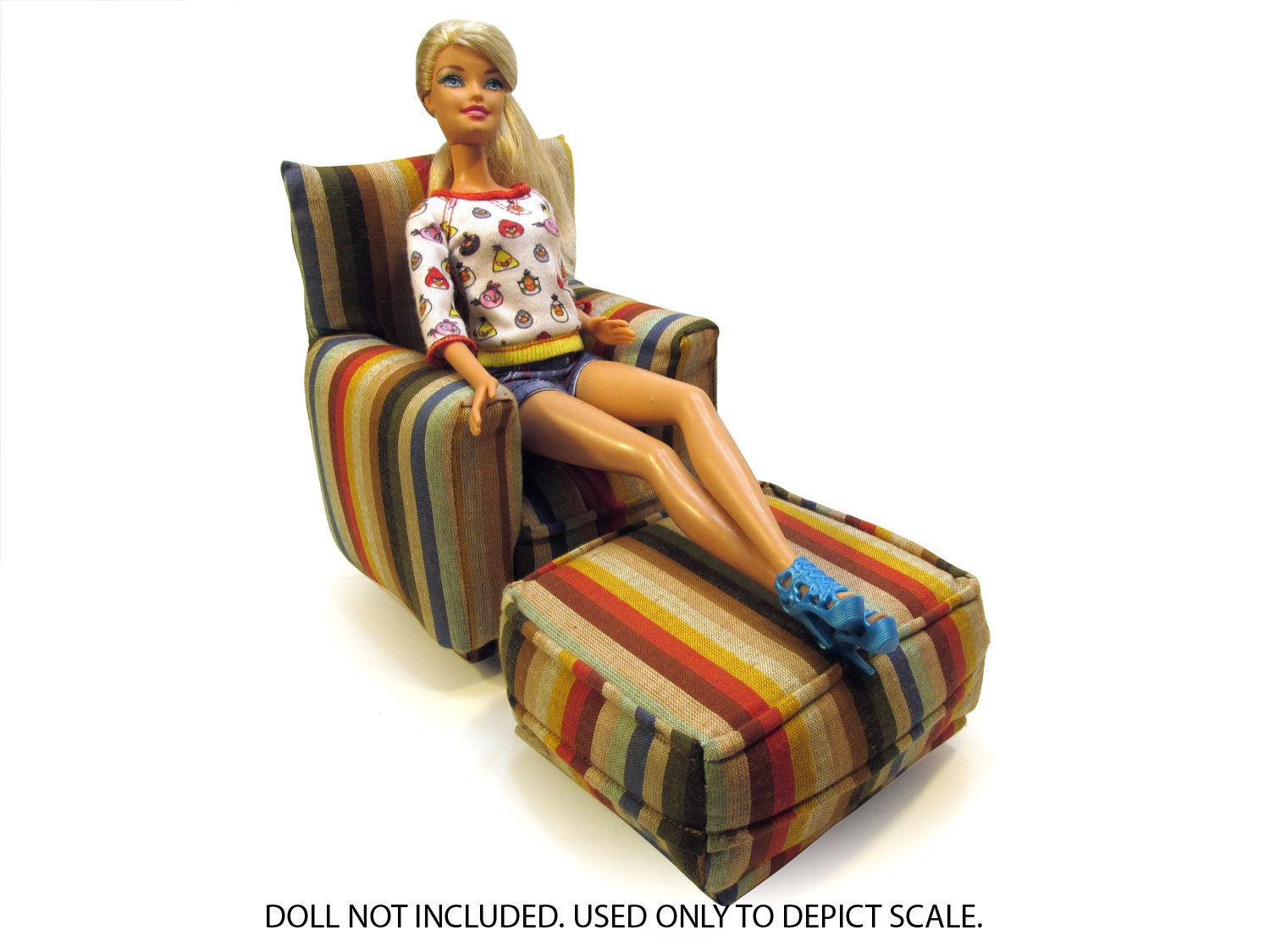 Barbie Doll Living Room Chair & OttomanMulti Colored Striped print16