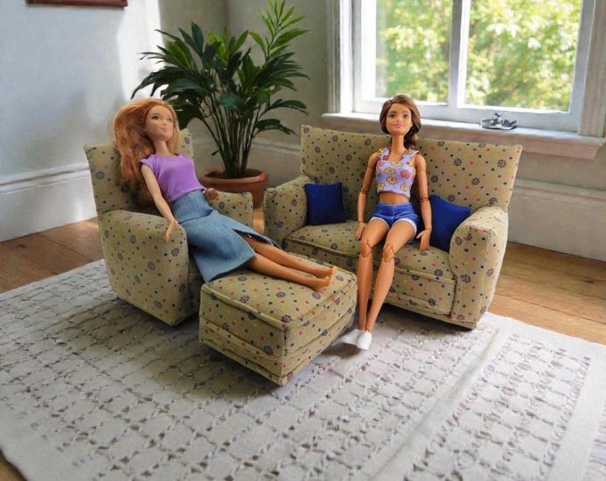Handmade Dollhouse and Miniature Furniture Set • Brown with Red, Blue, Yellow print • Sofa, Chair, Ottoman, 2 Pillows • 1:6 Scale