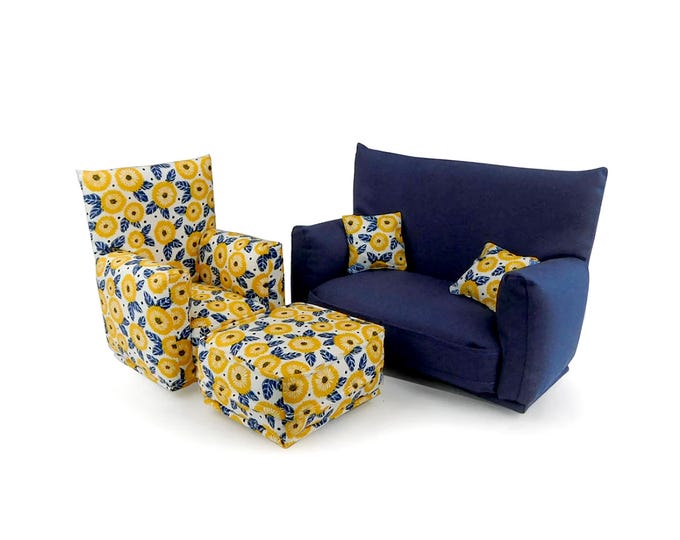 Fashion Doll Living Room Furniture 5-PC Play Set-1:6 scale-Navy Blue with white Yellow/Blue Print-works w/ Blythe any 11 inch fashion doll