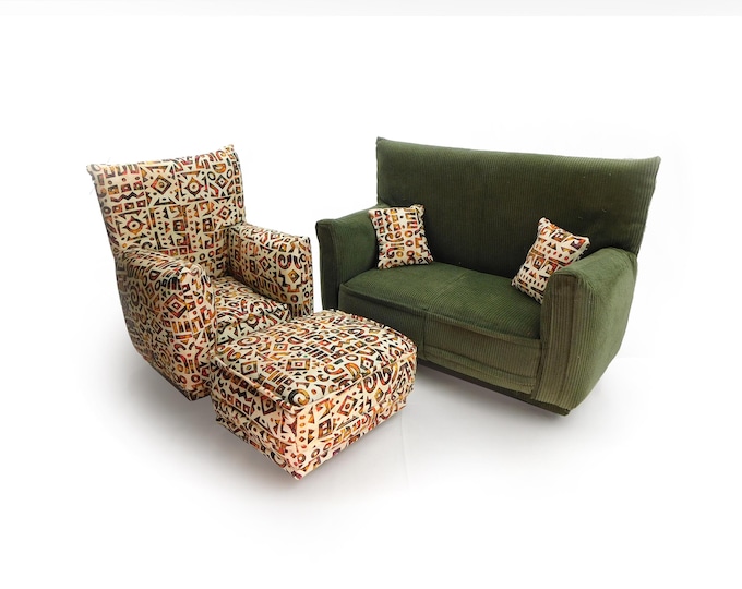 Fashion Doll Living Room Furniture 5-PC Play Set-1:6 scale-Olive Green with Aztec multi color print-works w/ Blythe any 11 inch fashion doll