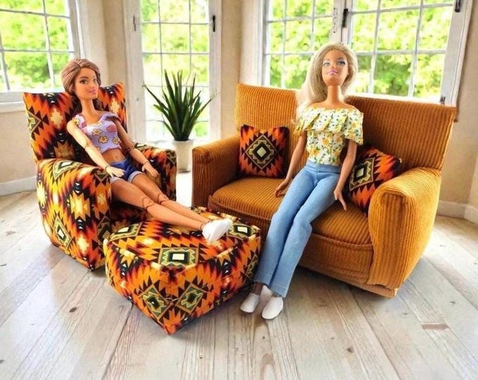 Handmade Dollhouse Living Room Furniture Set • Gold Corduroy Couch and Orange Native Print • Couch, Chair, Ottoman, 2 Pillows • 1:6 Scale