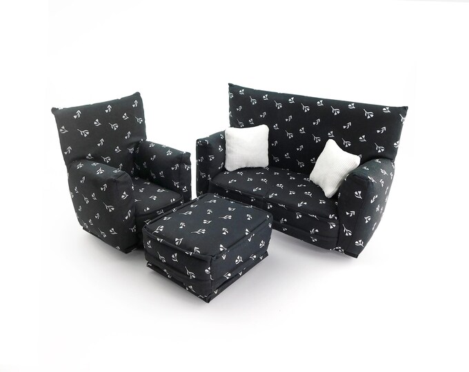 Handmade Dollhouse and Miniature Furniture Set • Black with White tiny Flower Print • Sofa, Chair, Ottoman, 2 Pillows • 1:6 Scale
