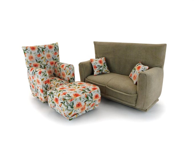 Fashion Doll Living Room Furniture 5-PC Play Set-1:6 scale-Beige with white PInk Coral flower Print-works w/ Blythe any 11 inch fashion doll