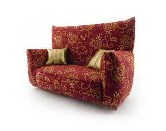 Fashion Doll Furniture-Sofa with Pillows -1:6 scale-Burgundy with Gold flower print w/ Gold pillows-also works w/Blythe and 11" fashion doll