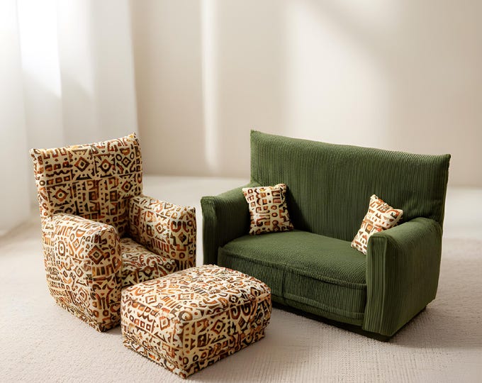 Handmade Dollhouse and Miniature Furniture Set • Multi-Color Aztec Print, Olive Green • Couch, Chair, Ottoman, Pillows • 1:6 Scale