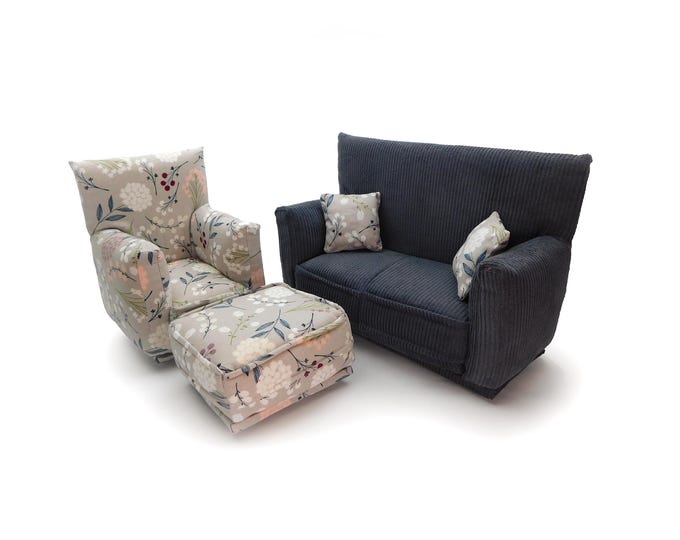 Fashion Doll Living Room Furniture 5-PC Play Set-1:6 scale-Gray with flower print-works w/ Blythe any 11 inch fashion doll