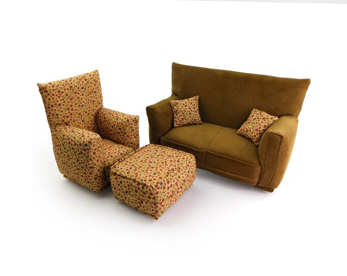 Handmade Dollhouse and Miniature Furniture Set • Caramel Brown Sofa w/Red Floral Print Chair • Sofa, Chair, Ottoman, 2 Pillows • 1:6 Scale