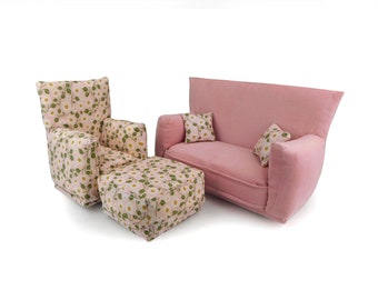 Fashion Doll Living Room Furniture 5-PC Play Set-1:6 scale-Pale Pink with White/Green flower print-works w/ Blythe any 11 inch fashion doll