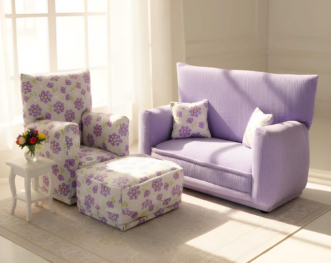 Handmade Dollhouse and Miniature Living Room Set • Lavender with White Purple Floral Print • Sofa, Chair, Ottoman, 2 Pillows • 1:6 Scale