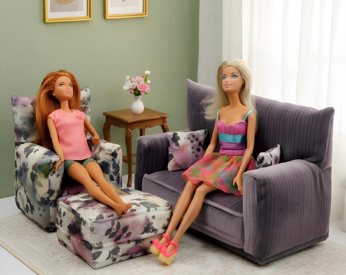 Handmade Dollhouse and Miniature Living Room Set • Purple and Gray Watercolor Floral Print • Couch, Chair, Ottoman, 2 Pillows • 1:6 Scale