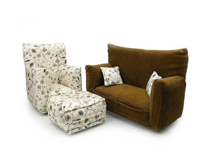 Fashion Doll Living Room Furniture 5-PC Play Set-1:6 scale-Medium Brown with Beige vine print-works w/Blythe any 11 inch fashion doll