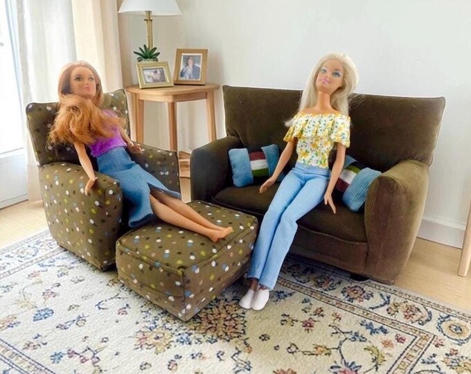 Handmade Dollhouse and Miniature Living Room Furniture Set • Brown with multicolor spot Print • Couch, Chair, Ottoman, 2 Pillows • 1:6 Scale