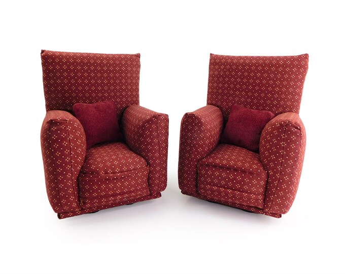 Handmade Dollhouse and Miniature Furniture Set • 2 Chairs with Burgundy with tiny Beige Print with 2 Burgundy Pillows • 1∶6 Scale