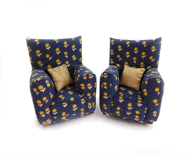 Fashion Doll Furniture-Chairs with Pillows -1:6 scale-Navy Blue w/Tan flower print with 2 pillows-also works w/Blythe and 11" fashion doll
