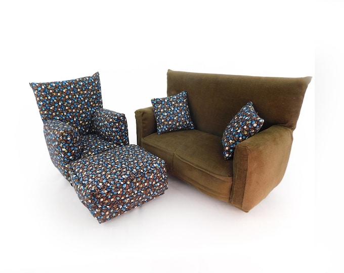 Fashion Doll Living Room Furniture 5-PC Play Set-1:6 scale-Brown with tiny White, Blue flower print-works w/ Blythe any 11 inch fashion doll