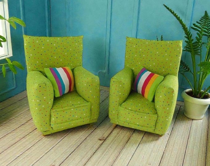 Handmade Dollhouse and Miniature Furniture Set • 2 Chairs with Lime Green with Multi-Colored Dot Print with 2 Striped Pillows • 1∶6 Scale
