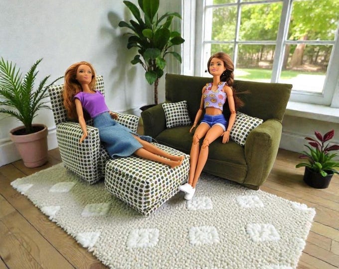 Handmade Dollhouse and Miniature Furniture Set • Olive Sofa and White/Green Circle print Chair • Sofa, Chair, Ottoman, 2 Pillows • 1:6 Scale