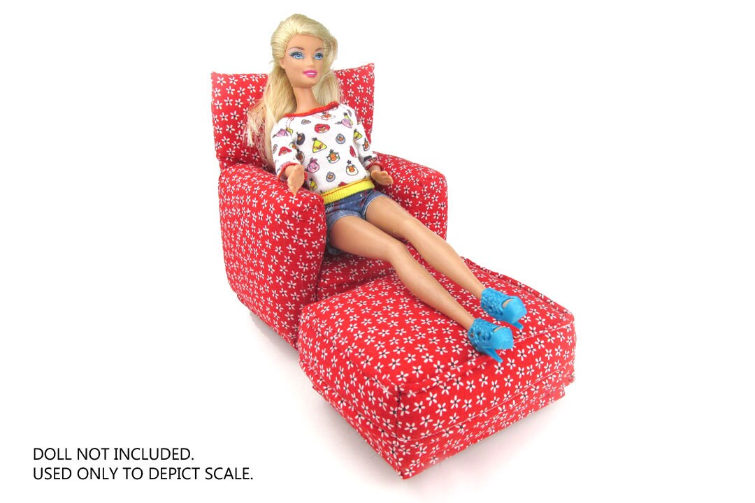 Barbie Doll Living Room Chair & OttomanRed with tiny White flower print16 Scale works with