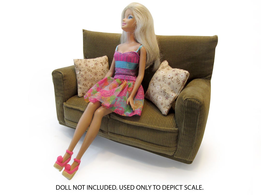 Barbie Doll Furniture-Sofa with Pillows -1:6 scale-Medium Brown w/Beige flower print fabric