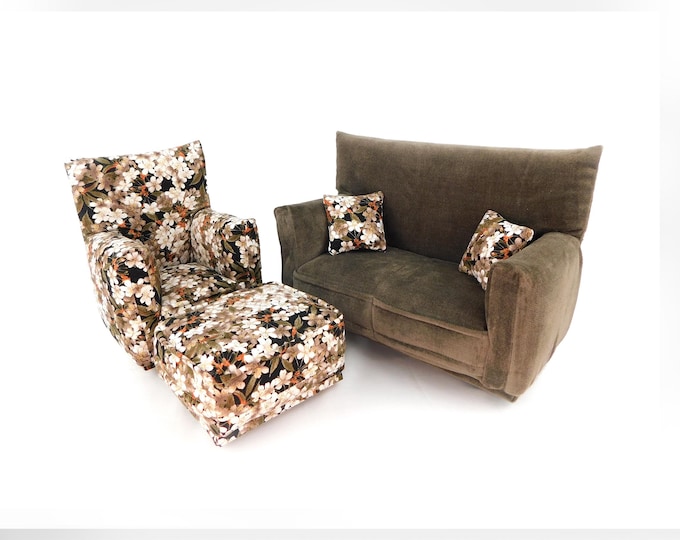 Fashion Doll Living Room Furniture 5-PC Play Set-1:6 scale-Taupe and Black/White/Brown flower Print-works w/ Blythe any 11 inch fashion doll
