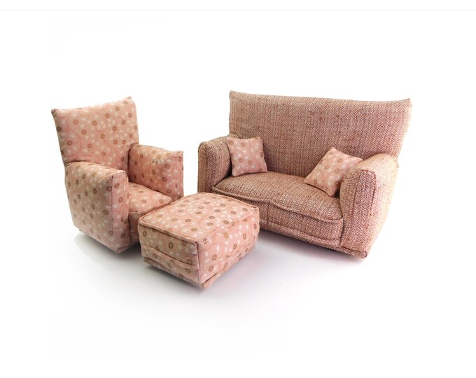 Handmade Dollhouse and Miniature Furniture Set • Pink textured Sofa w/White Floral Print Chair • Sofa, Chair, Ottoman, 2 Pillows • 1:6 Scale