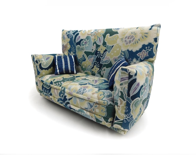 Fashion Doll Furniture-Sofa with Pillows -1:6 scale-Blue large flower print w/ 2 Blue pillows-also works w/Blythe and 11" fashion doll