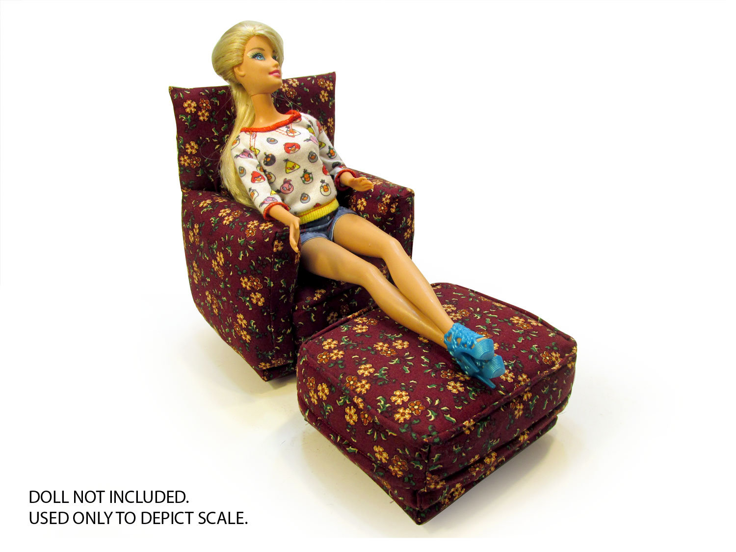 Barbie Doll Living Room Chair & OttomanBurgundy with Yellow/Green flower print16 Scale works