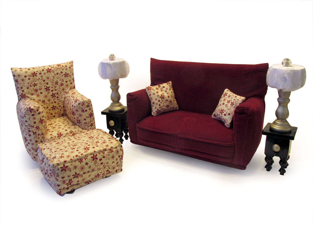Barbie Doll Living Room Furniture 9 PC Play Set 16 Scale Burgandy And Beige Print Works With Blythe Any 11 Inch Fashion Doll