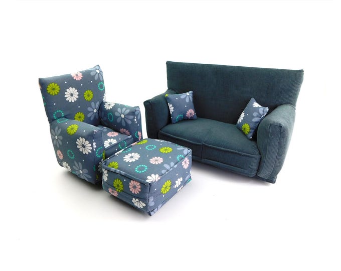 Handmade Dollhouse and Miniature Furniture Set • Charcoal Gray Sofa w/Large Floral Print Chair • Sofa, Chair, Ottoman, 2 Pillows • 1:6 Scale